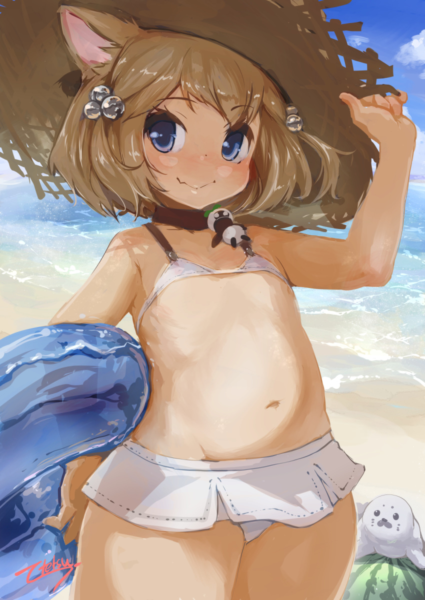 1girl, animal, animal_ears, banubeefriends, bare_arms, bare_shoulders, beach, bell