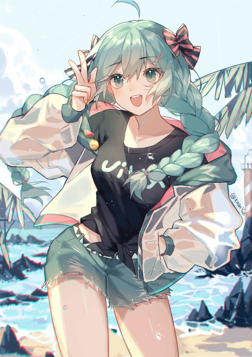 1girl, :d, absurdres, ahoge, alternate_hairstyle, aqua_eyes, aqua_hair, bangs