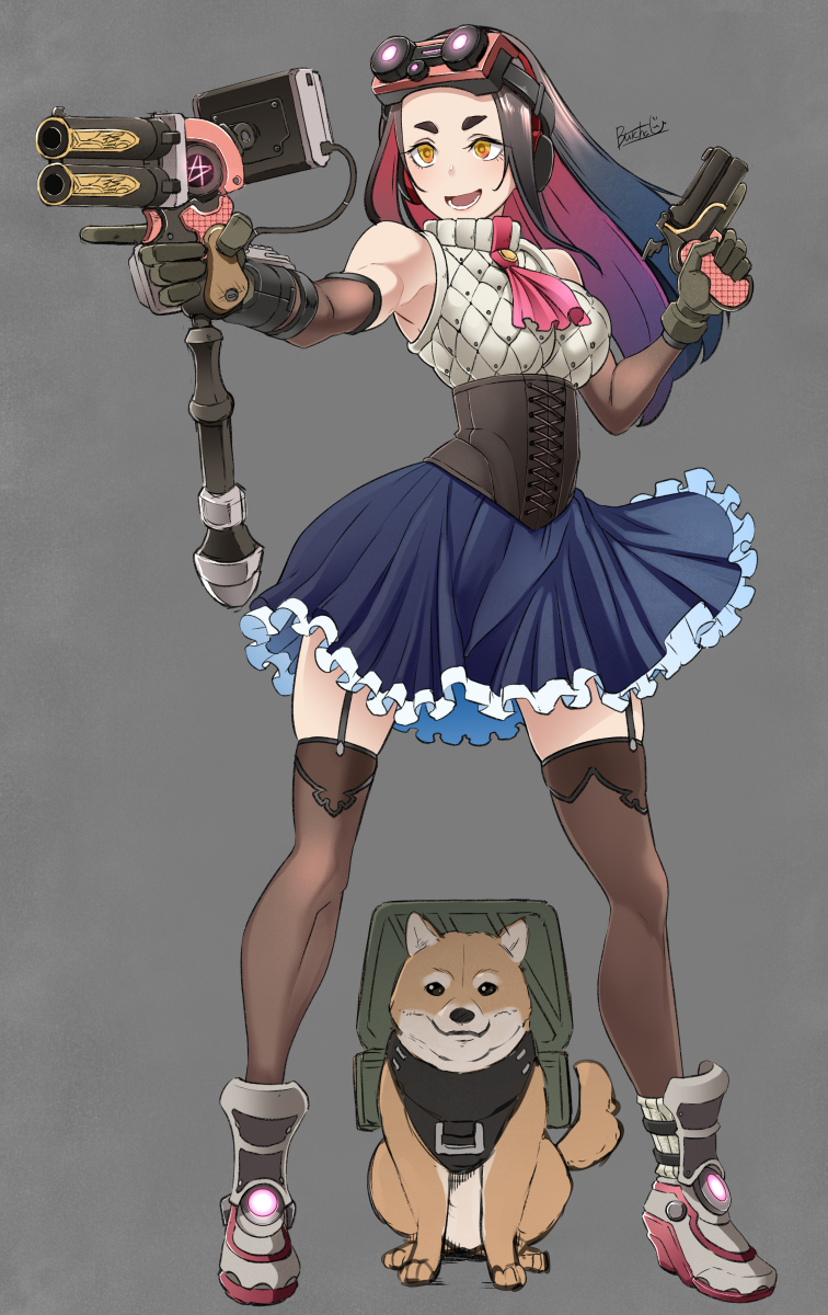 1girl, :d, aiming, bare_shoulders, black_hair, black_legwear, blue_skirt, boots, breasts, butcha-u, colored_inner_hair, corset, dog, dual_wielding, elbow_gloves, frilled_skirt, frills, full_body, garter_straps, gloves, goggles, goggles_on_head, grey_background, gun, handgun, highres, holding, holding_gun, holding_weapon, legs_apart, long_hair, looking_at_viewer, medium_breasts, medium_skirt, multicolored_hair, open_mouth, original, purple_hair, quilted_clothes, shiba_inu, shoes, short_eyebrows, signature, simple_background, skirt, sleeveless, sleeveless_turtleneck, smile, sneakers, solo, standing, thick_eyebrows, thigh-highs, trigger_discipline, turtleneck, two-tone_hair, weapon, wide_hips, yellow_eyes, zettai_ryouiki