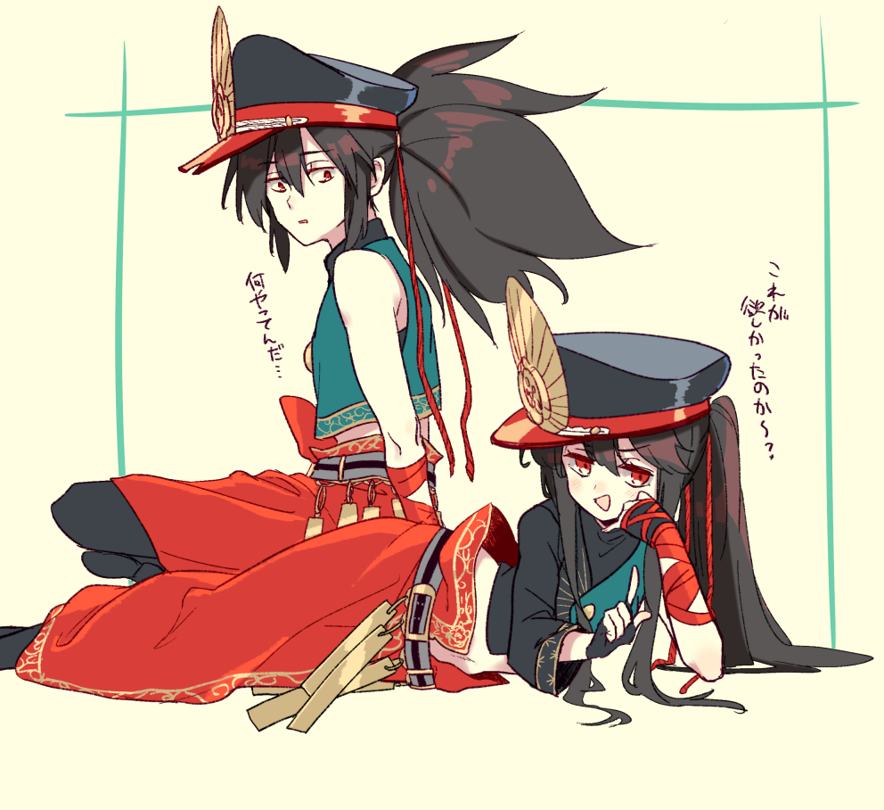 1boy, 1girl, asymmetrical_clothes, asymmetrical_gloves, bangs, belt, black_gloves, black_hair