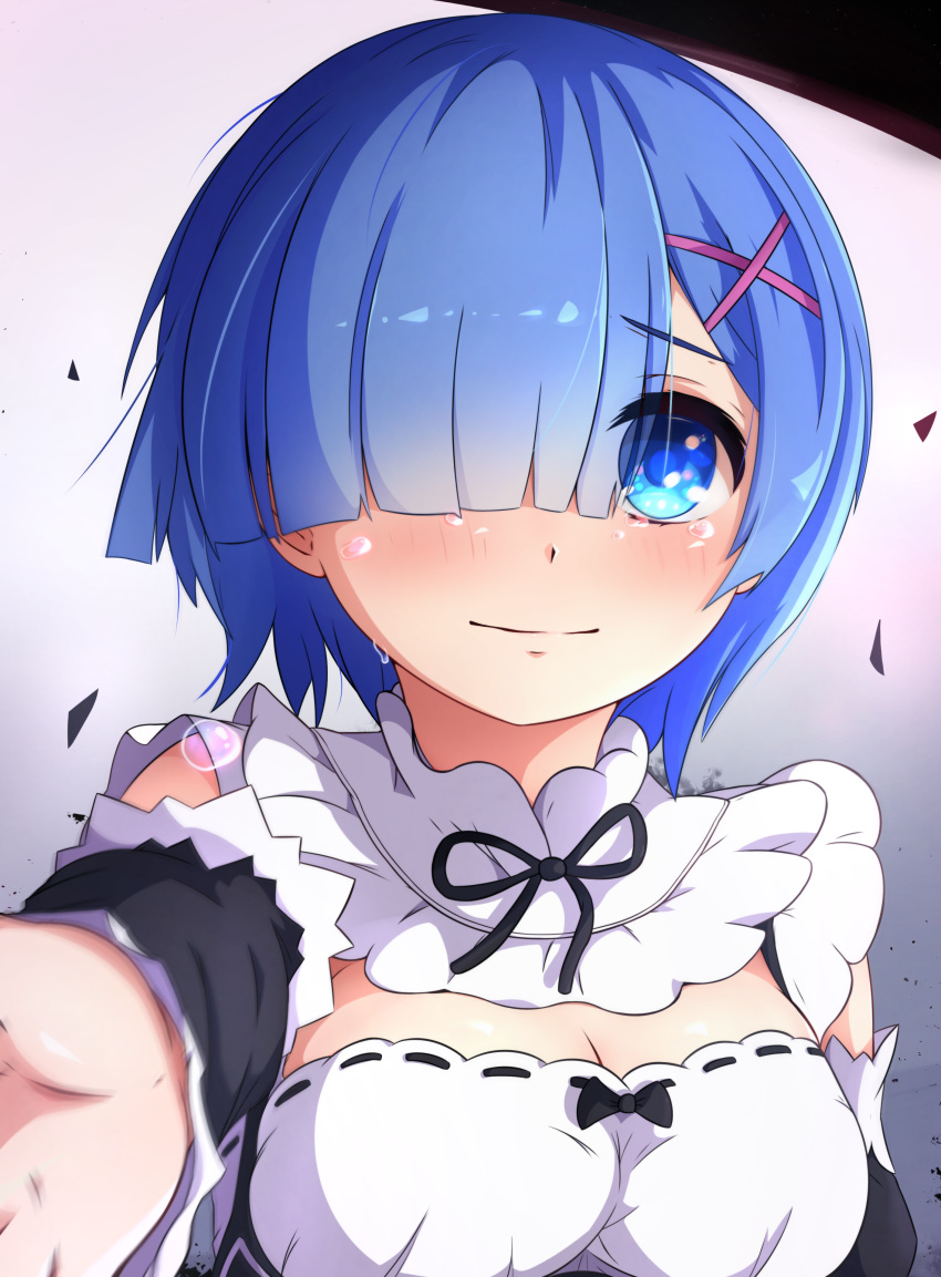 1girl, absurdres, asymmetrical_hair, bangs, black_bow, black_ribbon, blue_eye, blue_eyes