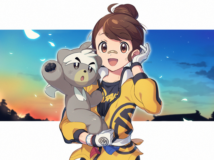 1girl, :d, bandaid, bandaid_on_nose, bangs, brown_eyes, brown_hair, clouds