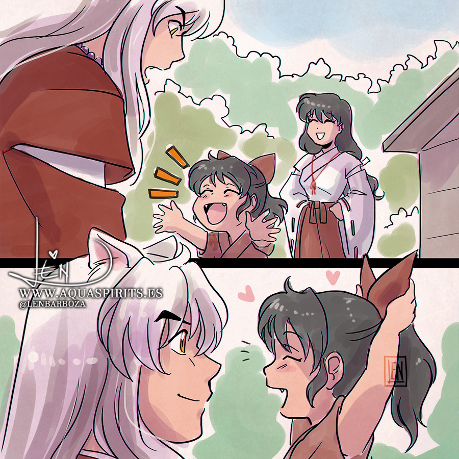 1boy, 2girls, animal_ears, black_hair, bow, father_and_daughter, hair_bow, han'you_no_yashahime