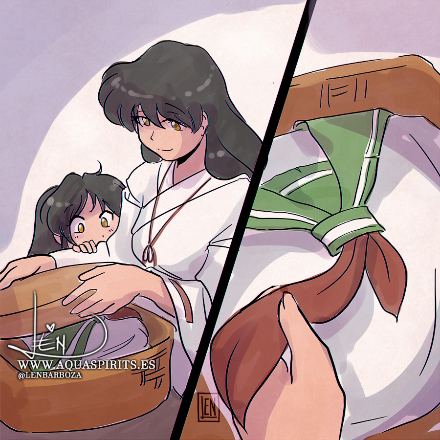 2girls, basket, black_hair, han'you_no_yashahime, higurashi_kagome, inuyasha, japanese_clothes, kimono