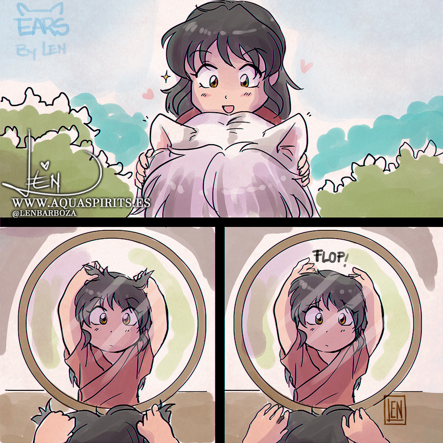 1boy, 1girl, animal_ears, black_hair, blush, desk, father_and_daughter, han'you_no_yashahime