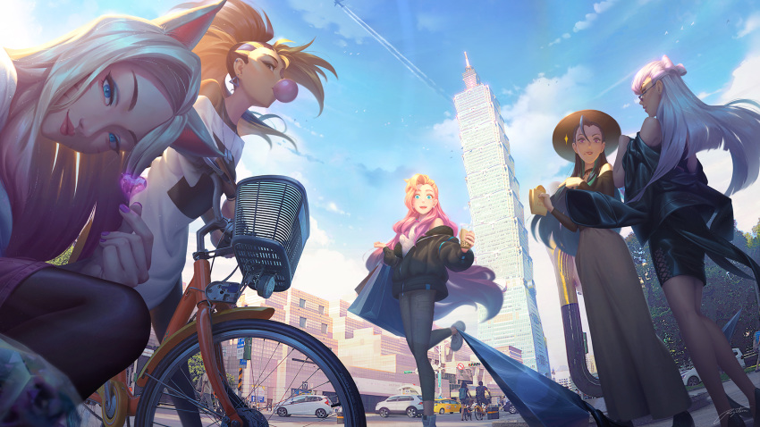 5girls, ahri, akali, animal_ears, black_hair, blonde_hair, blue_eyes, blue_eyeshadow