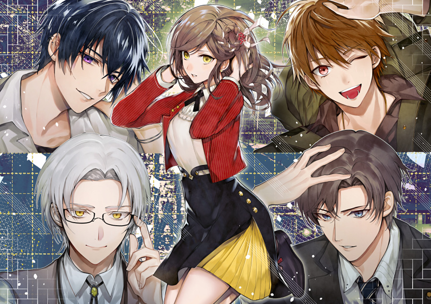 +_+, 1girl, 4boys, ;d, adjusting_eyewear, black_hair, blue_eyes, braid