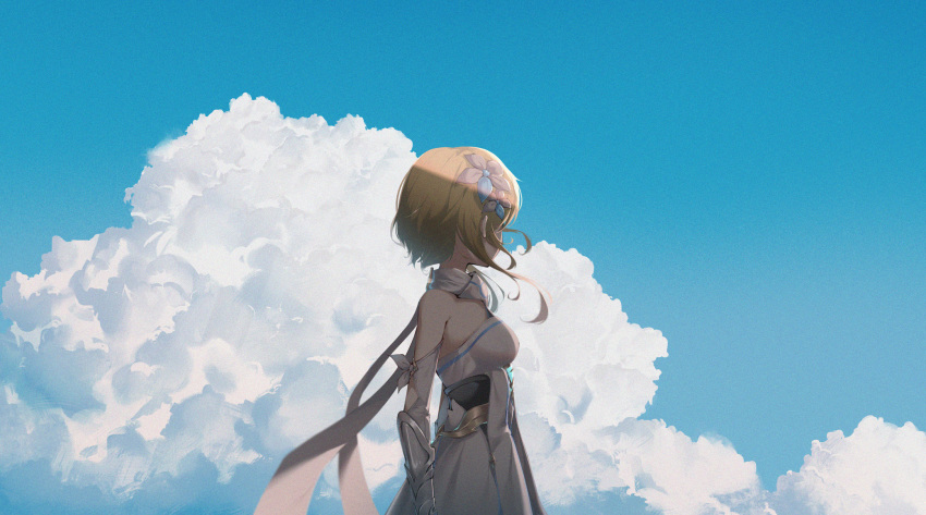 1girl, arm_guards, blonde_hair, chinese_commentary, clouds, cloudy_sky, detached_sleeves, dress