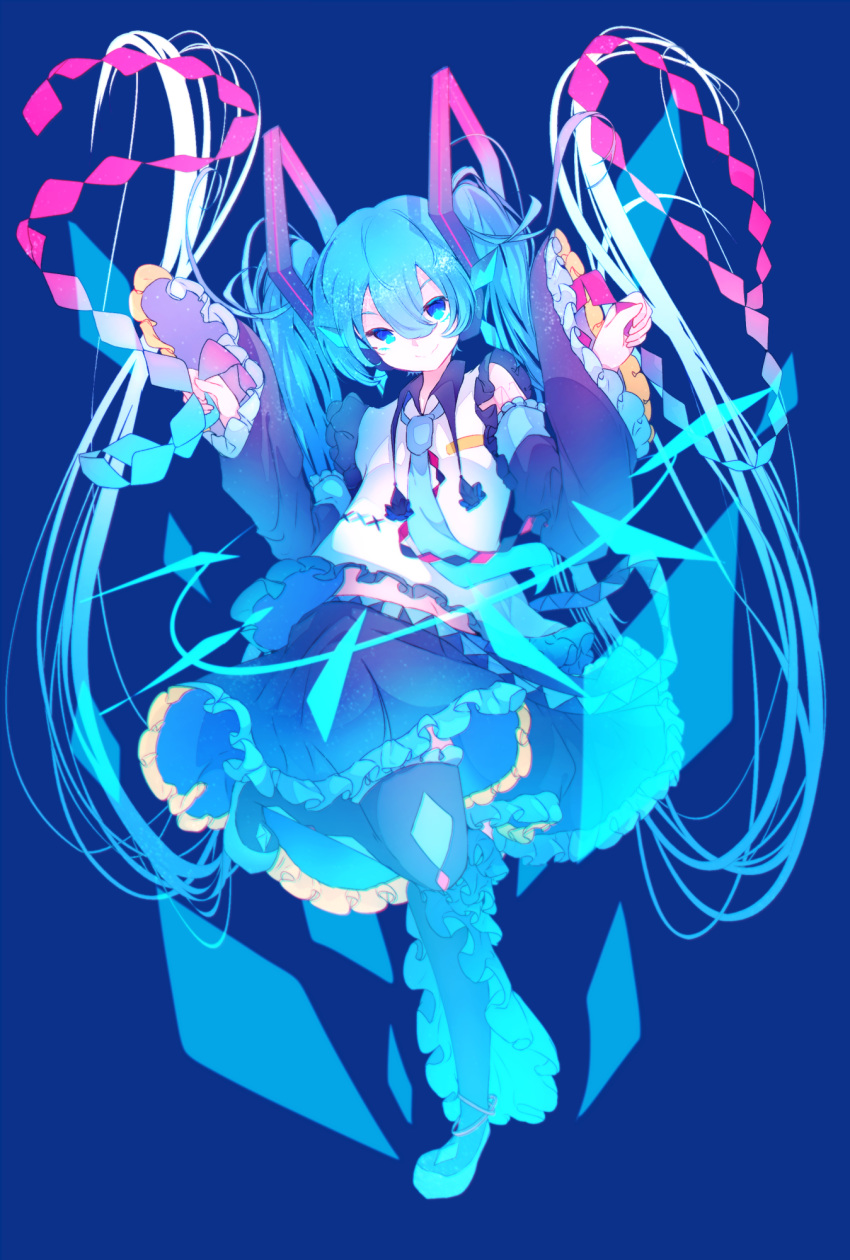 adapted_costume, aqua_eyes, aqua_hair, aqua_neckwear, argyle_print, bare_shoulders, black_legwear, black_skirt