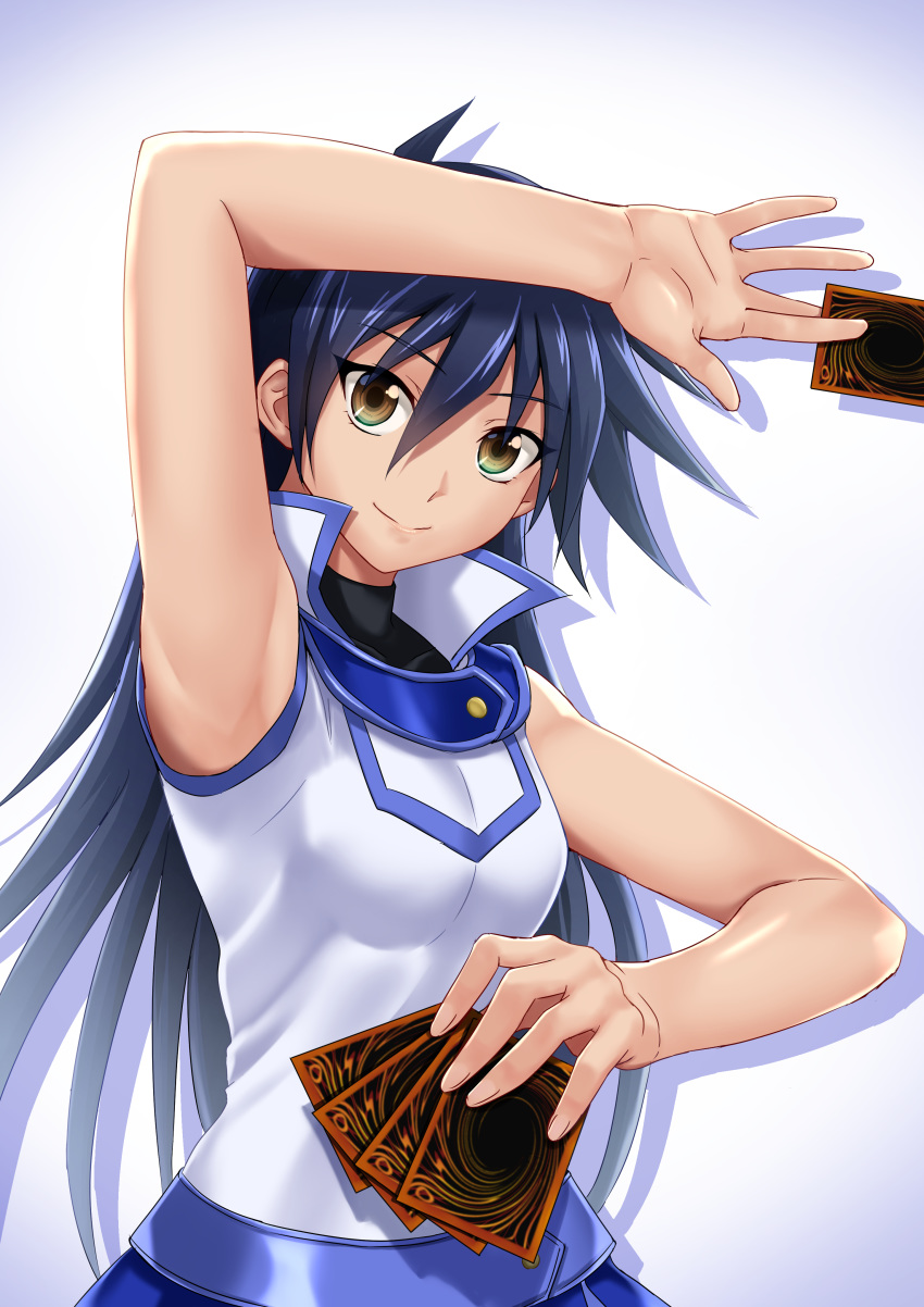 1girl, absurdres, arm_up, armpits, bare_shoulders, black_shirt, blue_hair, blue_skirt