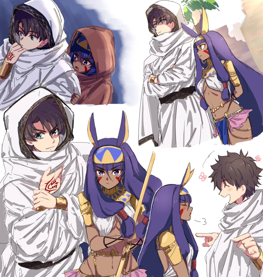 1boy, 1girl, animal_ears, black_hair, blue_eyes, blush, bracelet, closed_eyes