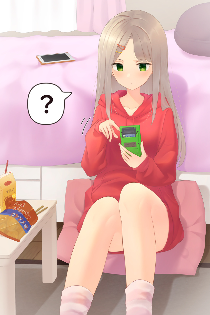 1girl, :/, ?, against_bed, ankle_socks, bag_of_chips, bangs, bed, bedroom, carpet, cellphone, chopsticks, collarbone, commentary, curtains, drawstring, expressionless, eyebrows_visible_through_hair, feet_out_of_frame, green_eyes, hair_ornament, hairclip, handheld_game_console, highres, hood, hood_down, kanpa_(campagne_9), light_brown_hair, long_hair, long_sleeves, looking_down, no_pants, on_floor, original, phone, pillow, pink_legwear, red_hoodie, sitting, sitting_on_pillow, smartphone, solo, spoken_question_mark, striped, striped_legwear, swept_bangs, table, technical_difficulties, very_long_hair, window, wooden_floor
