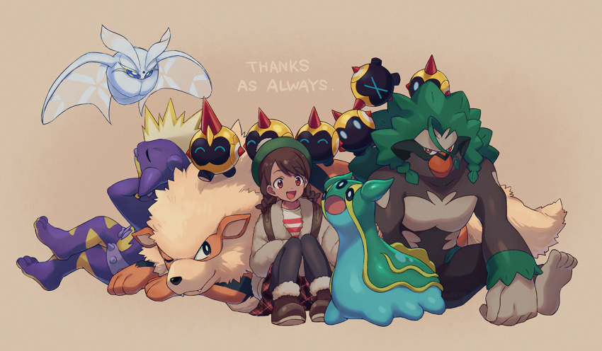 1girl, :d, ^_^, arcanine, backpack, bag, bangs, black_legwear