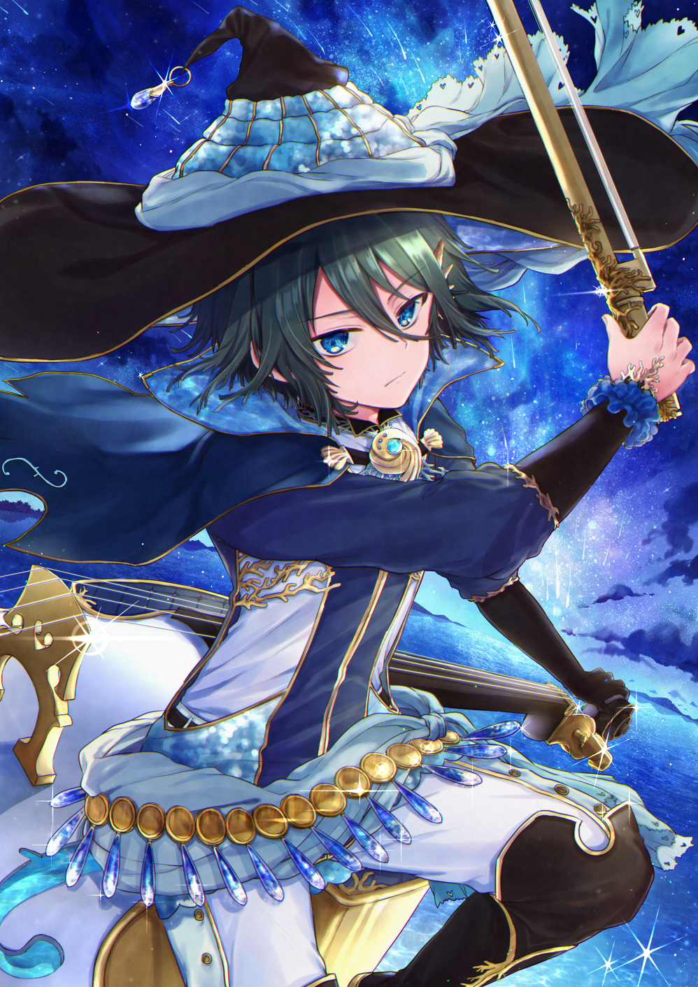 black_headwear, blue_background, blue_eyes, bow_(instrument), brooch, capelet, day, double_bass