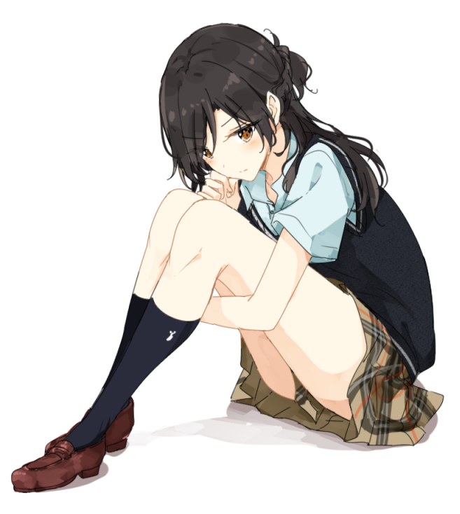 1girl, bangs, bare_thighs, black_hair, black_legwear, blush, closed_mouth, eyebrows