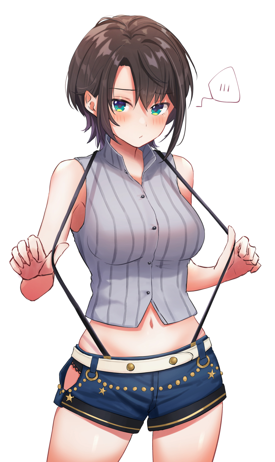 1girl, blush, breasts, brown_hair, commentary_request, cowboy_shot, green_eyes, highres