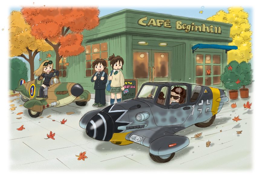 autumn, autumn_leaves, bangs, bf_109, blonde_hair, blue_eyes, bomber_jacket, cafe