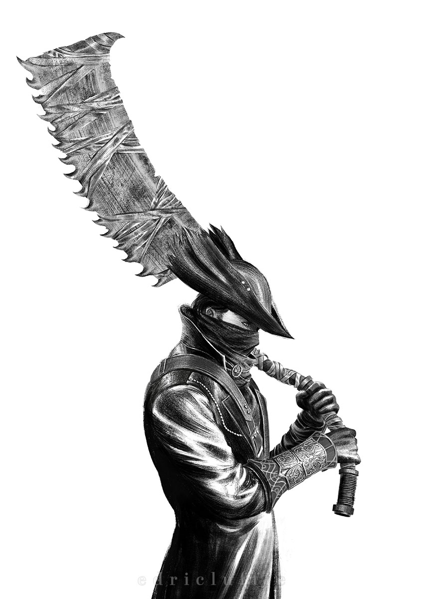 1boy, bandages, blade, bloodborne, english_text, gloves, greyscale, hat
