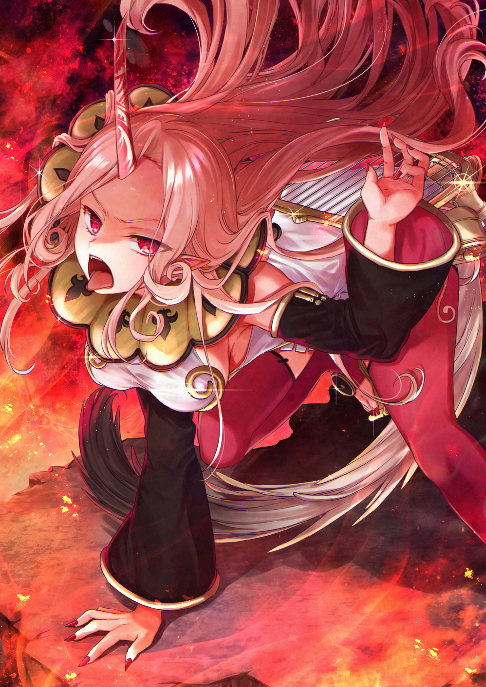 1girl, :p, all_fours, breasts, detached_sleeves, glint, gold_trim, highres