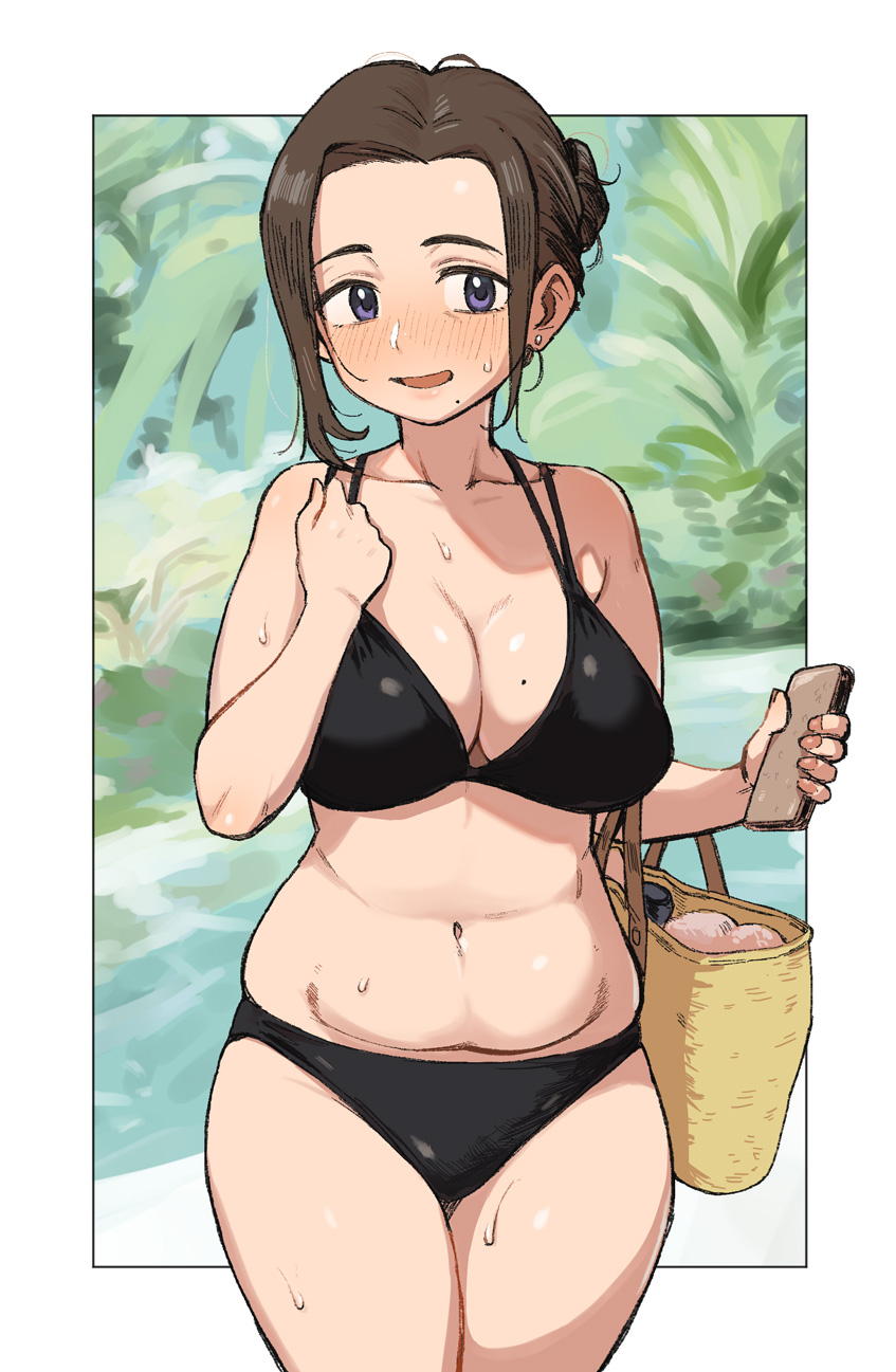 1girl, bag, bikini, black_bikini, blue_eyes, blush, breasts, brown_hair, cellphone, curvy, ear_piercing, hair_bun, highres, holding, holding_phone, large_breasts, mole, mole_on_breast, mole_under_mouth, navel, omuraashu, open_mouth, original, phone, piercing, plump, smartphone, solo, sweat, swimsuit