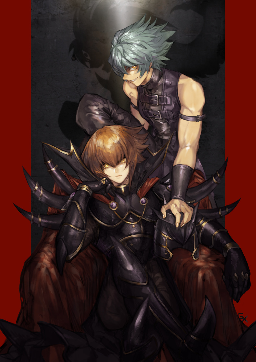 2boys, absurdres, armband, armor, bare_shoulders, black_armor, blue_hair, breastplate, brown_hair, cape, crossed_legs, dark_persona, different_shadow, fingernails, gauntlets, greaves, hair_between_eyes, headwear_removed, helmet, helmet_removed, highres, johan_andersen, male_focus, multiple_boys, open_mouth, parted_lips, red_cape, sitting, smile, spikes, supreme_king_(yuu-gi-ou_gx), third_eye, throne, vvhoneygo, wings, yellow_eyes, yubel, yuu-gi-ou, yuu-gi-ou_gx