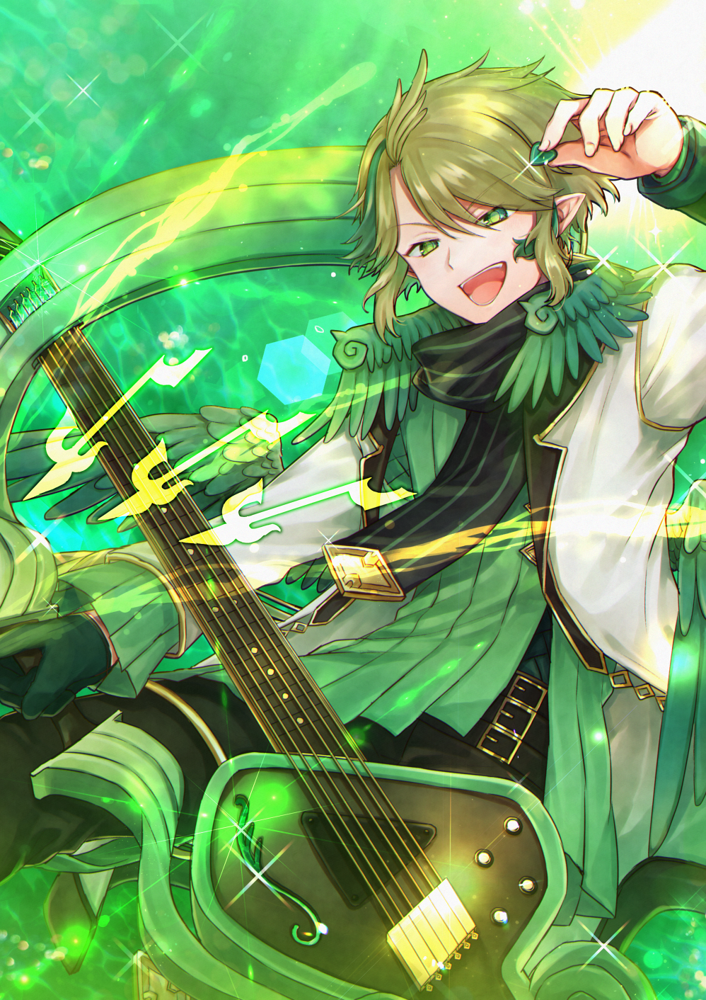 1boy, :d, belt, black_neckwear, cole_clarks, gloves, green_background, green_eyes