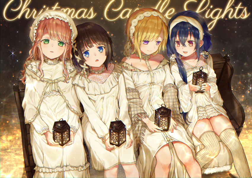 4girls, :o, bangs, bench, blonde_hair, blue_eyes, blue_hair, breasts, brown_hair, christmas, dress, frills, green_eyes, hair_between_eyes, hair_ribbon, hat, highres, holding, holding_lantern, lantern, light_brown_hair, long_hair, mob_cap, multiple_girls, nekogu_rui, original, red_eyes, ribbon, short_hair, sidelocks, sitting, small_breasts, thigh-highs, tress_ribbon, violet_eyes, white_dress