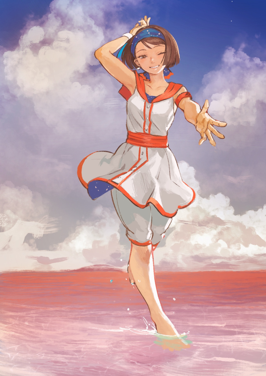 1girl, akaneko_(redakanekocat), arm_up, armband, barefoot, blue_headband, brown_eyes, brown_hair