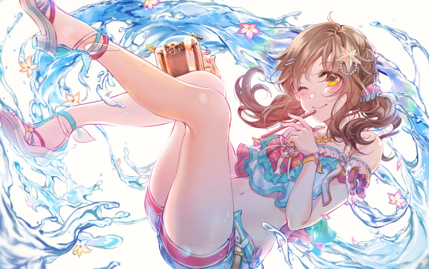 bangs, bare_legs, bare_shoulders, bare_thighs, blush, brown_eyes, brown_hair, cup