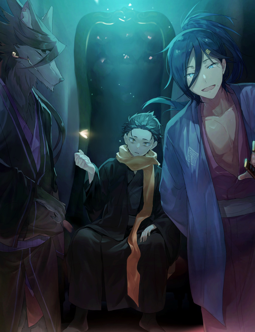 3boys, absurdres, black_hair, blue_hair, cecilus_segmunt, halibel, harusabin, highres