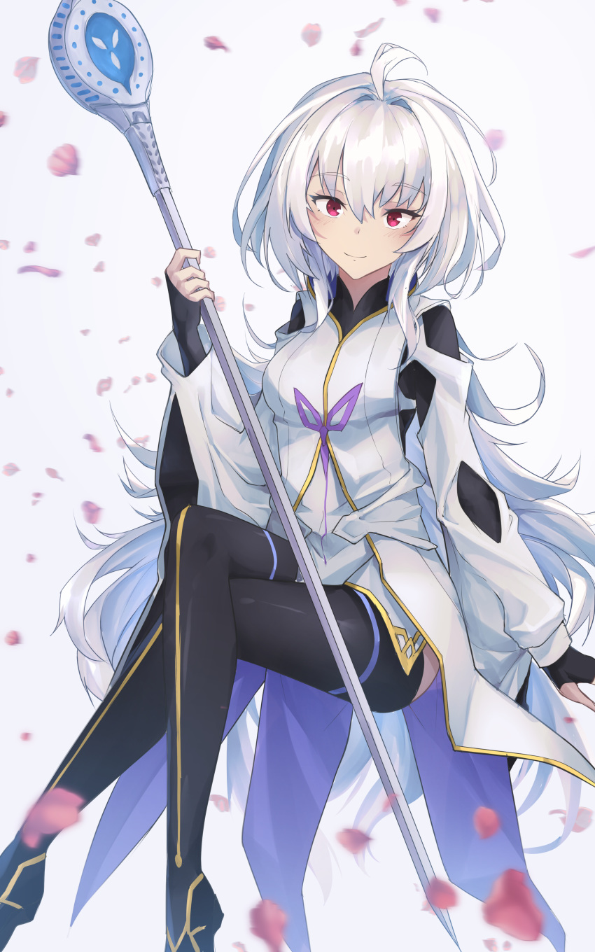 1girl, absurdres, blush, breasts, crossed_legs, faldues_(gavin_b), fate/grand_order, fate_(series), fingerless_gloves, gloves, hair_between_eyes, highres, long_hair, looking_at_viewer, merlin_(fate/prototype), petals, red_eyes, rose_petals, small_breasts, solo, staff, thigh-highs, white_background, white_hair