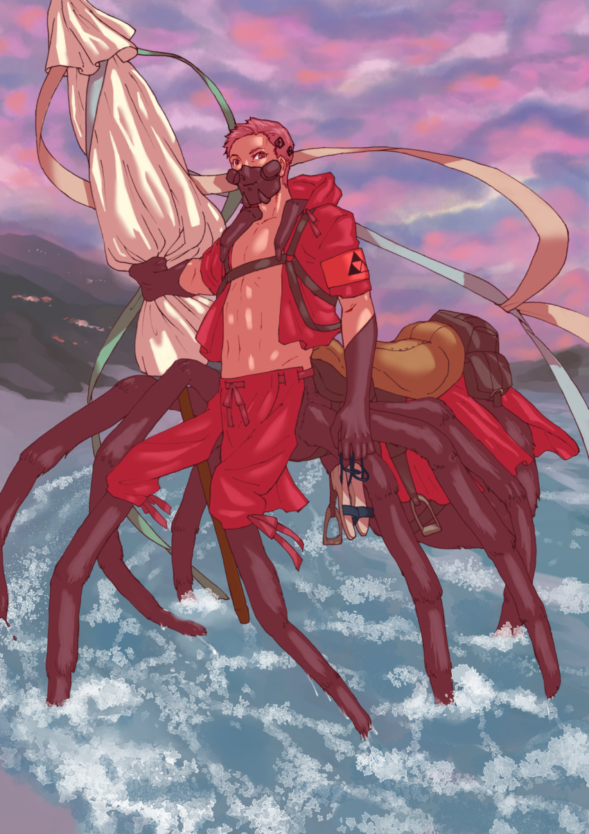 1boy, armband, beach_umbrella, black_gloves, extra_eyes, gloves, hachikyaku_rozunieru, harness, highres, jacket, looking_at_viewer, male_focus, masago_shirou, mask, midriff, navel, outdoors, pink_hair, pixiv_fantasia, pixiv_fantasia_last_saga, red_eyes, red_jacket, saddle, shoes_removed, solo, spider_boy, stirrups, twilight, umbrella, wading