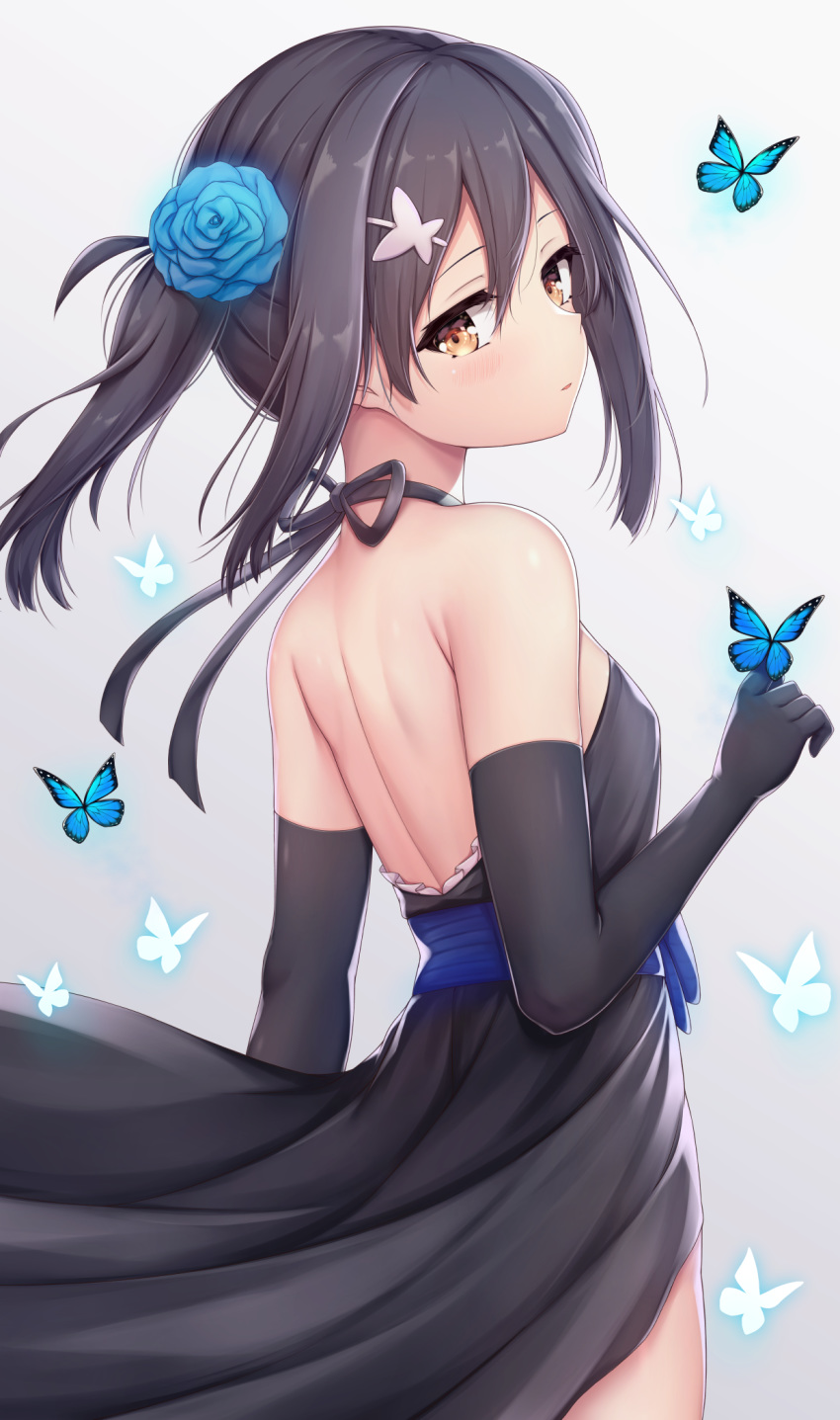 arata_(xin), back, bare_shoulders, black_dress, black_gloves, black_hair, breasts, brown_eyes