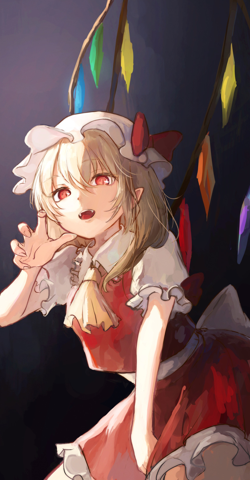 1girl, absurdres, ascot, back_bow, between_legs, blonde_hair, bow, claw_pose, collar, cowboy_shot, crystal, eyebrows_visible_through_hair, fangs, faux_traditional_media, fingernails, flandre_scarlet, frilled_collar, frilled_sleeves, frills, from_below, gradient, gradient_background, grey_background, hair_between_eyes, hand_between_legs, hat, hat_bow, highres, leaning_forward, long_hair, looking_at_viewer, mob_cap, open_mouth, pointy_ears, red_bow, red_eyes, red_skirt, red_vest, short_sleeves, skirt, skywork6201, slit_pupils, solo, touhou, vest, white_bow, wings, yellow_neckwear