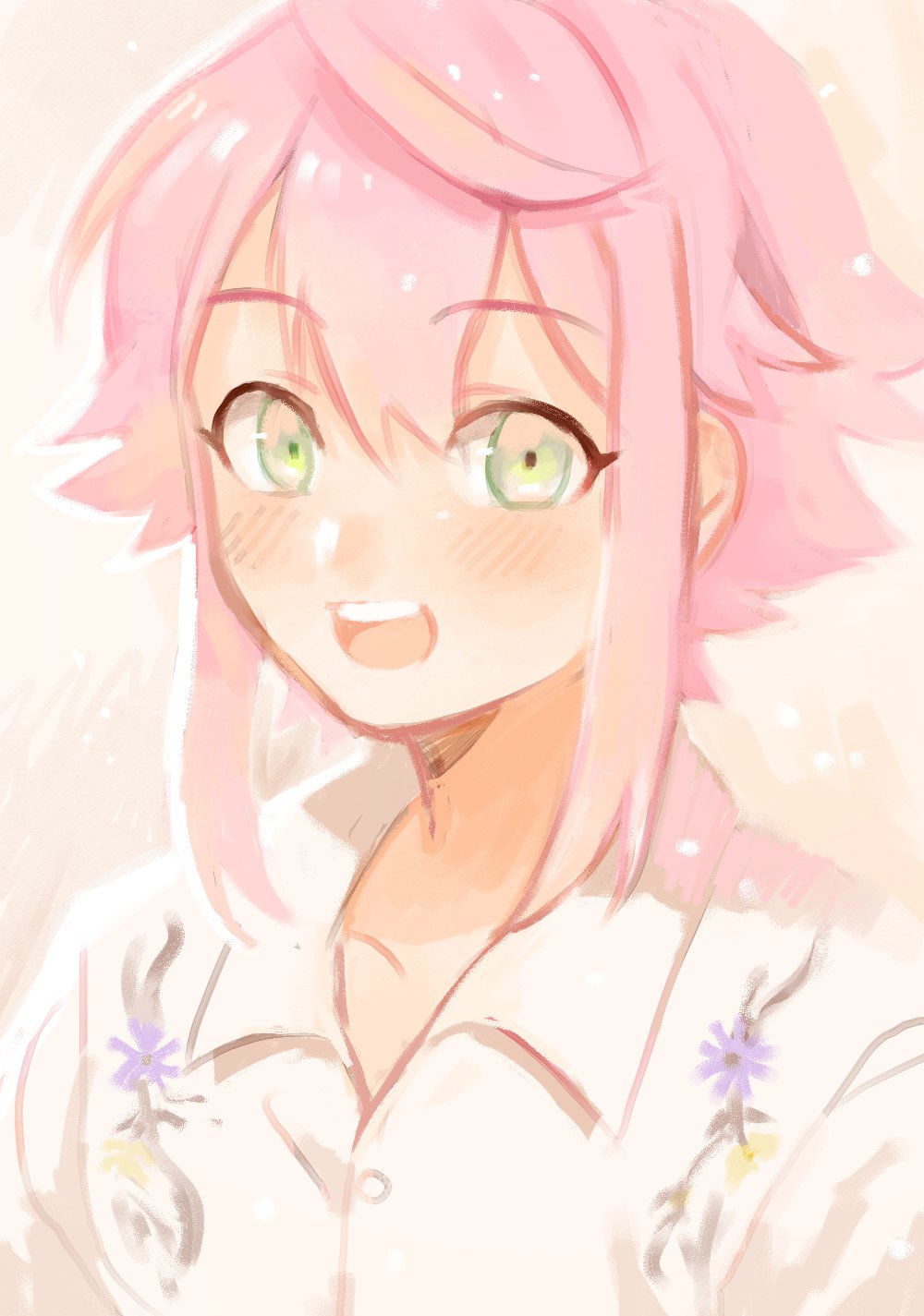 1boy, :d, bangs, blush, collarbone, collared_shirt, commentary_request, ensemble_stars!, eyebrows_visible_through_hair, face, floral_print, green_eyes, hair_between_eyes, hatomura_miri, highres, himemiya_touri, looking_at_viewer, male_focus, open_mouth, pastel_colors, pink_hair, shirt, short_hair_with_long_locks, sidelocks, simple_background, smile, solo, white_shirt