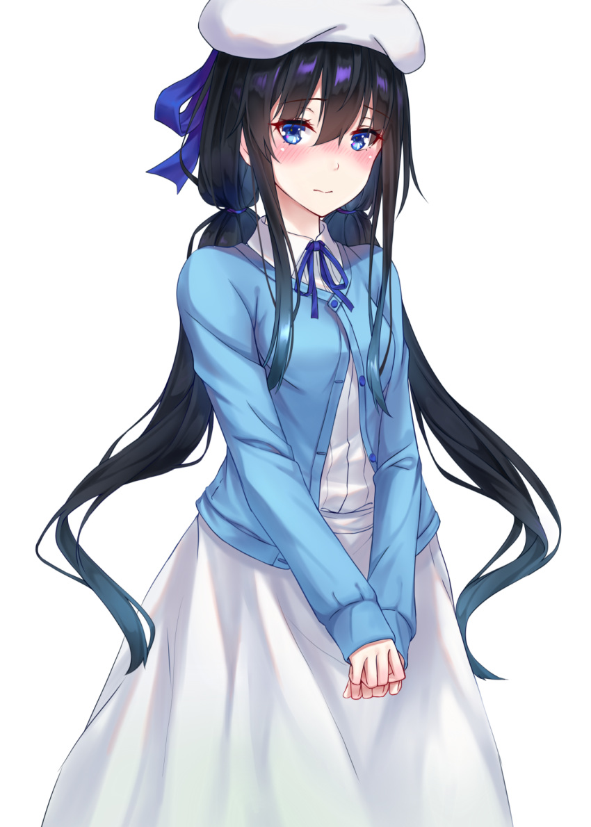 1girl, bangs, black_hair, blue_cardigan, blue_eyes, blue_neckwear, blue_ribbon, blush, breasts, cardigan, closed_mouth, commentary_request, dress, hair_ribbon, hat, highres, long_hair, long_sleeves, looking_at_viewer, low_twintails, n15e, neck_ribbon, own_hands_together, ribbon, school_uniform, shirt, simple_background, skirt, sleeves_past_wrists, solo, twintails, v_arms, very_long_hair, white_background, white_headwear, white_skirt, yahari_ore_no_seishun_lovecome_wa_machigatteiru., yukinoshita_yukino