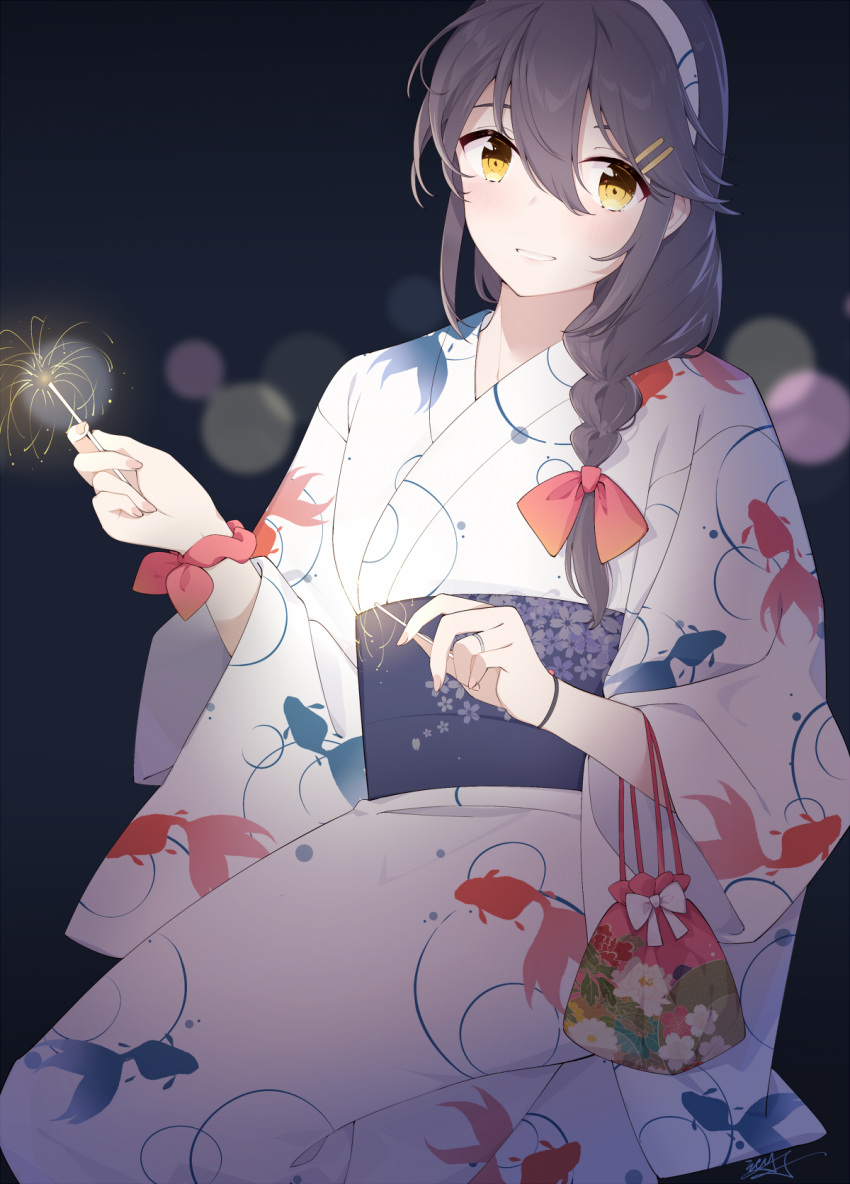 1girl, alternate_costume, alternate_hairstyle, blush, bracelet, braid, fireworks, grey_eyes