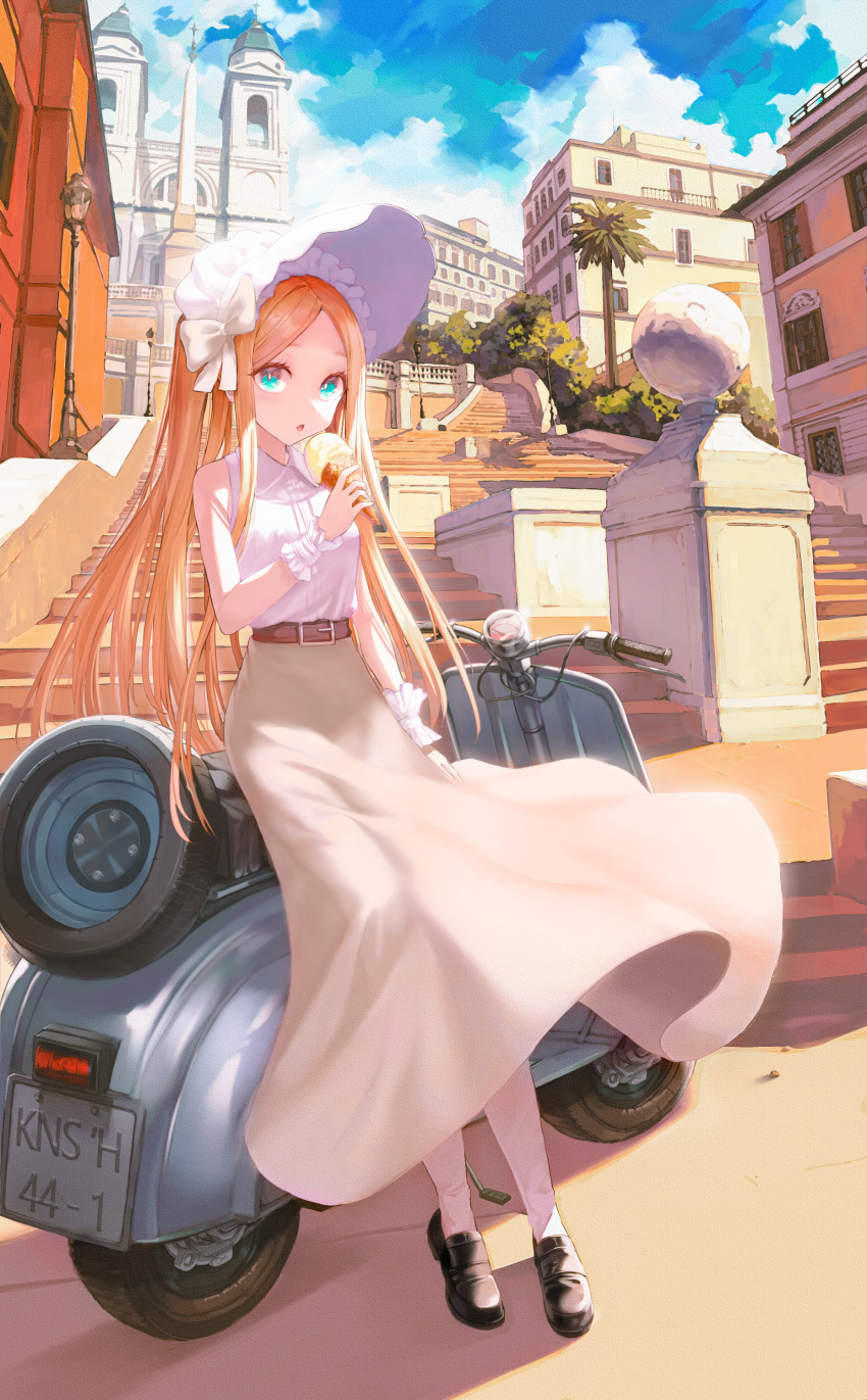 1girl, abigail_williams_(fate/grand_order), abigail_williams_(swimsuit_foreigner)_(fate), absurdres, bangs, bare_shoulders, beige_skirt, black_footwear