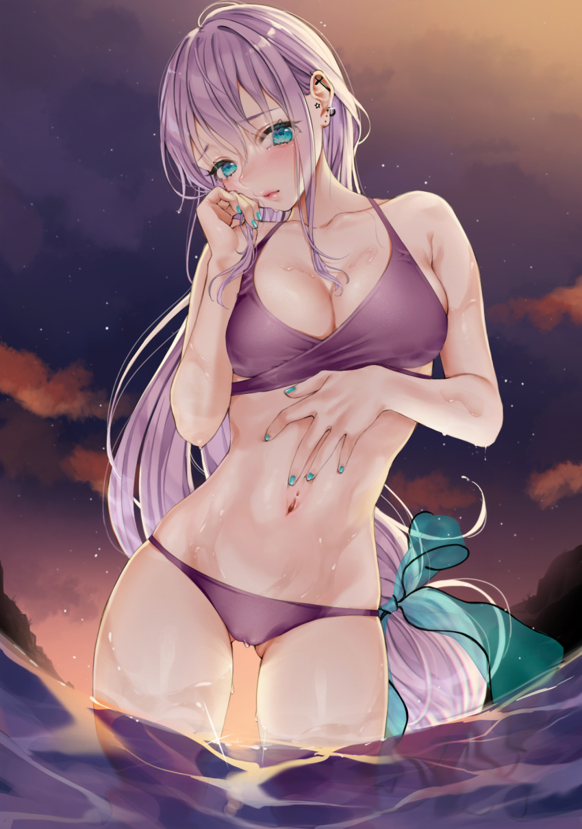 1girl, aqua_eyes, aqua_nails, aqua_ribbon, bangs, bikini, blush, evening
