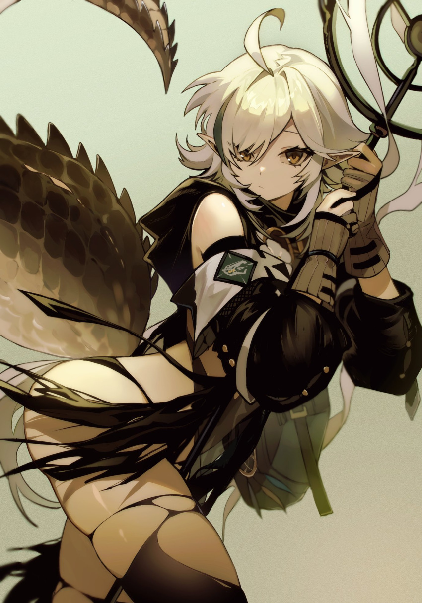 1girl, ahoge, arknights, bag, bangs, bare_shoulders, black_clothes, black_legwear