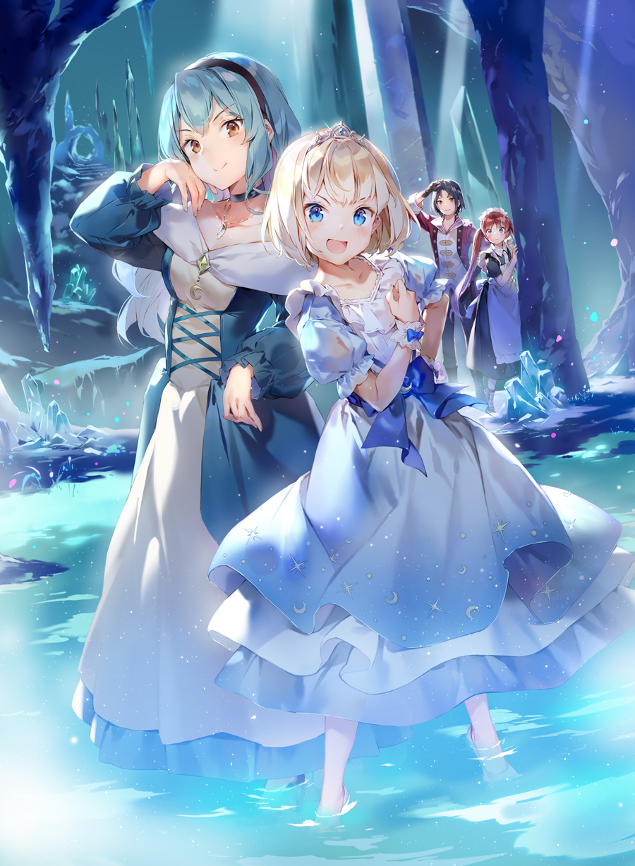 1boy, 3girls, abel_remno, anne_(tearmoon_teikoku_monogatari), apron, bangs, black_hair, blonde_hair