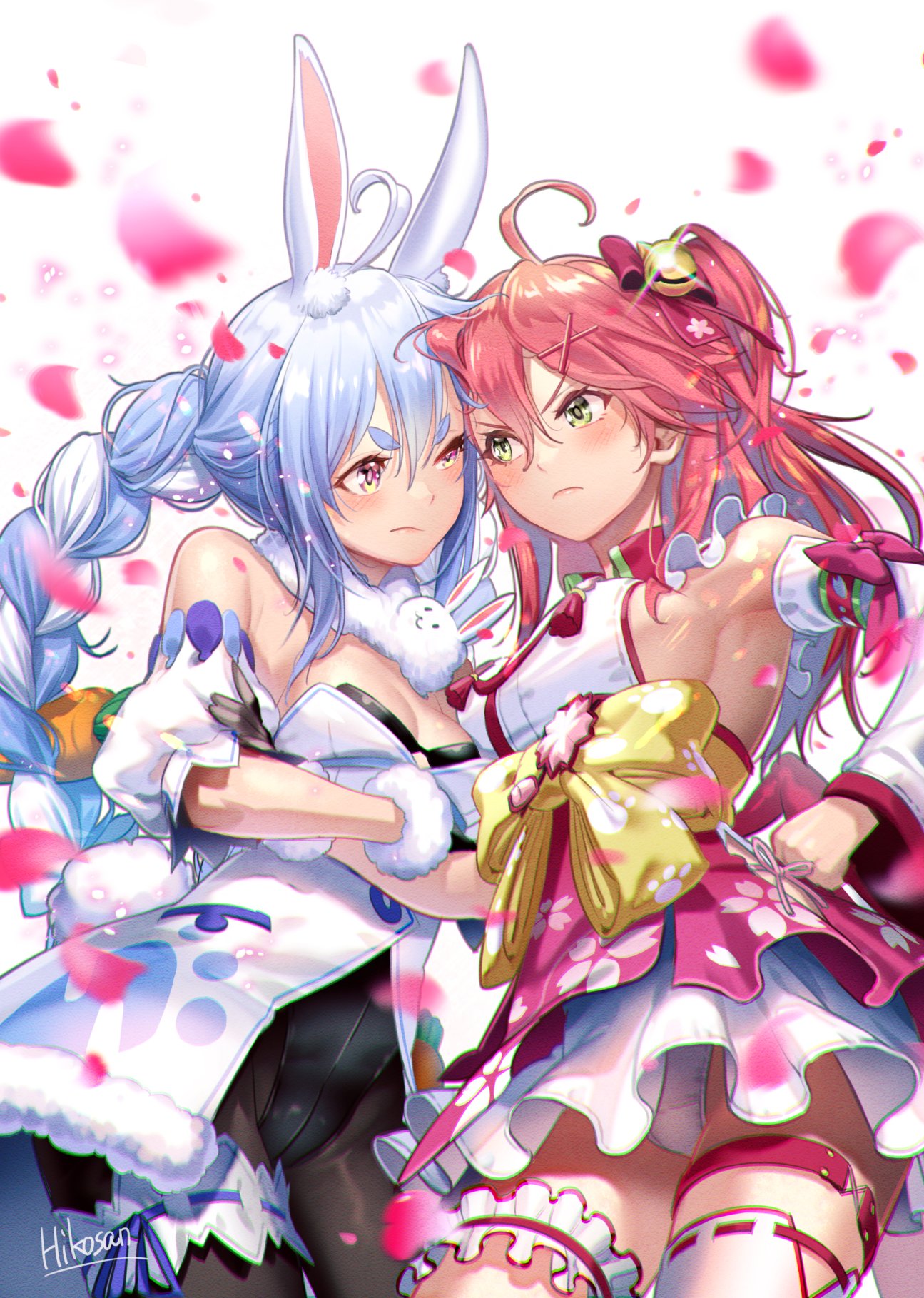 2girls, ahoge, animal_ear_fluff, animal_ears, bare_shoulders, bell, black_gloves, blue_hair, blush, braid, breasts, bunnysuit, carrot_hair_ornament, cherry_blossom_print, cherry_blossoms, coat, creature, detached_sleeves, don-chan_(usada_pekora), eyebrows_visible_through_hair, floral_print, food_themed_hair_ornament, gloves, green_eyes, hair_bell, hair_between_eyes, hair_ornament, hairclip, halter_top, halterneck, head_bump, highres, hikosan20216917, hololive, hololive_fantasy, japanese_clothes, kimono, long_hair, medium_hair, multicolored_hair, multiple_girls, nontraditional_miko, obi, one_side_up, pink_hair, rabbit_ears, sakura_miko, sash, scarf, thick_eyebrows, twin_braids, two-tone_hair, usada_pekora, virtual_youtuber, white_coat, white_hair, x_hair_ornament