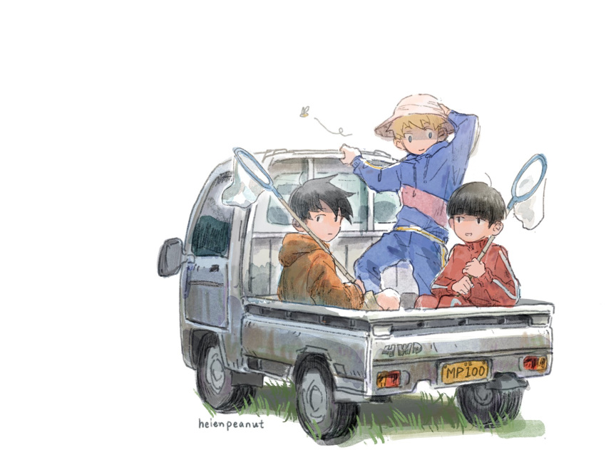 3boys, ahoge, bangs, black_eyes, black_hair, blonde_hair, blue_eyes, blue_hair