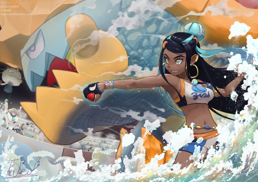 4boys, 4girls, aircraft, allister_(pokemon), armlet, audience, bea_(pokemon), belly_chain