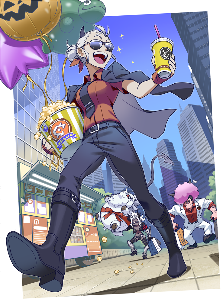 1boy, 2girls, bag, black_horns, black_tail, blue_sky, breasts, building, casual_suit, city, commentary_request, cup, dark_skin, day, demon_girl, demon_horns, demon_tail, drink, gloves, helltaker, holding, holding_cup, horns, jacket, jacket_on_shoulders, judgement_(helltaker), justice_(helltaker), kk_aa_nn_ii, long_hair, long_sleeves, looking_at_another, lucifer_(helltaker), multiple_girls, outdoors, red_gloves, red_ribbon, red_shirt, ribbon, shirt, shoes, shopping_bag, sky, skyscraper, sunglasses, tail, tie_clip, white_hair