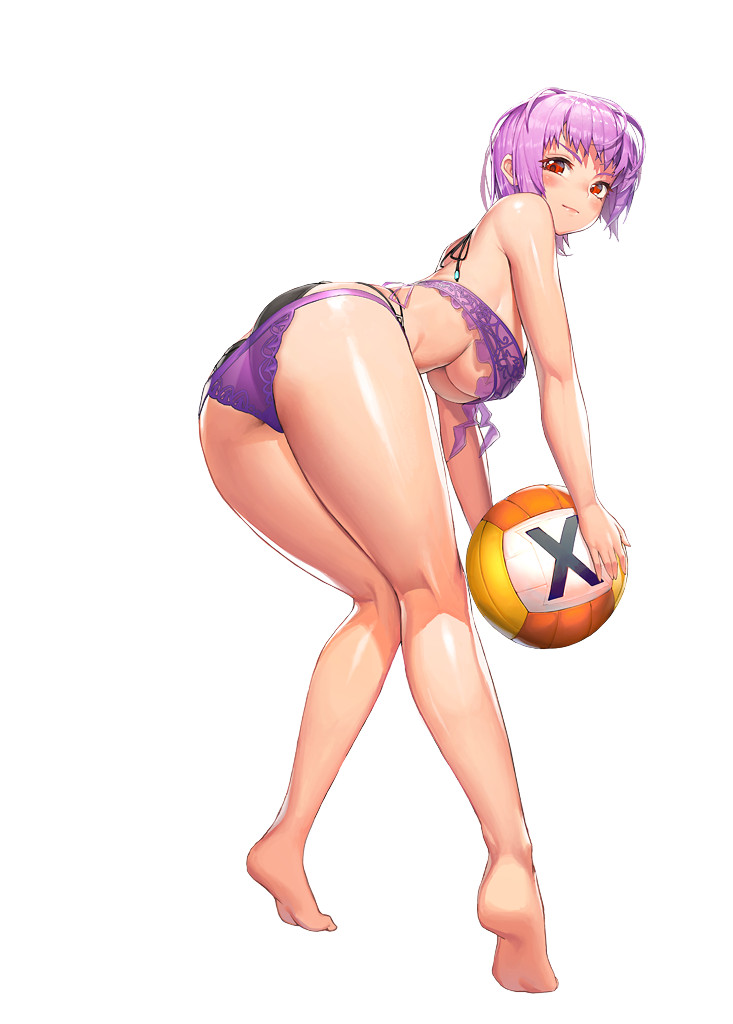 1girl, ass, ayane, ayane_(doa), ball, bangs, bare_arms, bare_shoulders, barefoot, bikini, blush, breasts, closed_mouth, dead_or_alive, destiny_child, from_behind, full_body, holding, kim_hyung_tae, large_breasts, lips, looking_at_viewer, looking_back, official_art, purple_bikini, purple_hair, red_eyes, shiny, shiny_hair, shiny_skin, short_hair, smile, swimsuit, thighs, toes, under_boob, volleyball