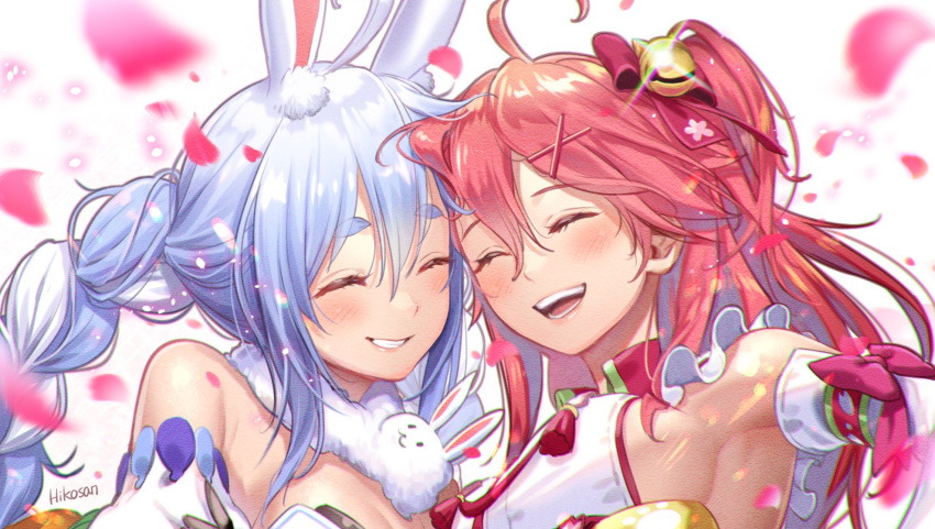 2girls, :d, ^_^, ahoge, animal_ear_fluff, animal_ears, bare_shoulders, bell