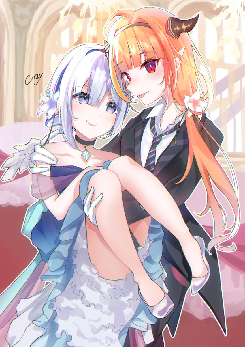 2girls, absurdres, amane_kanata, angel_wings, artist_name, bangs, bare_shoulders, black_jacket