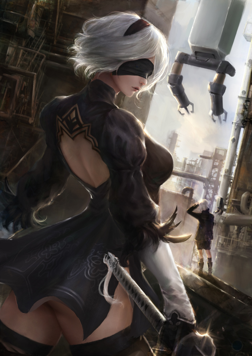 1boy, 1girl, absurdres, artist_request, back_cutout, black_blindfold, black_dress, black_gloves