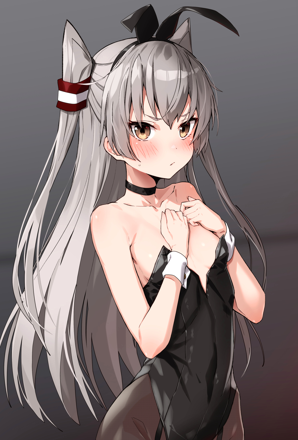 1girl, alternate_costume, amatsukaze_(kantai_collection), animal_ears, black_legwear, black_leotard, blush, brown_eyes